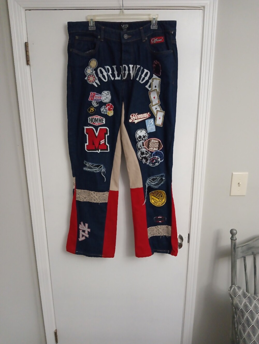 BoohooMan Y2K Style Flare Leg Embroidered Size 36x34 men’s Jeans - Navy & Red